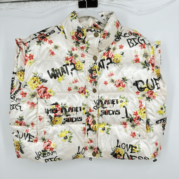 Guess x Brandalised Graphite by Banksy Print  Convertible Puffer Jacket Vest L - Picture 9 of 16